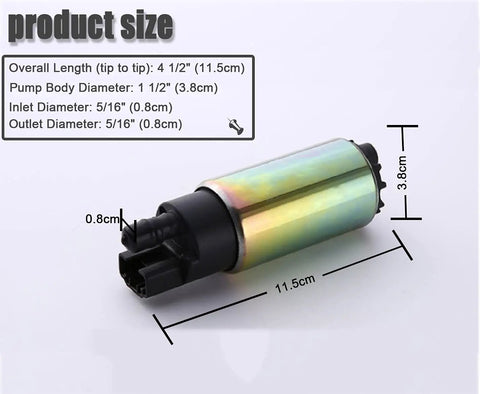 In Tank Electric Fuel Pump With Installation Kit For 12V Vehicles, 100 LPH At 43 PSI, 38mm Compact Design, product dimensions shown.