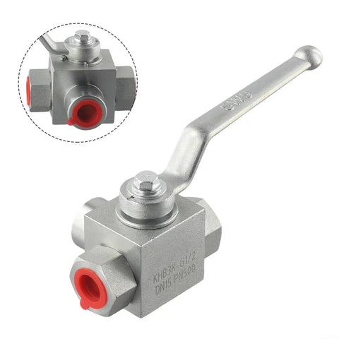 Three Way High Pressure Ball Valve Carbon Steel Manual Tee For Water Oil Gas BSP Thread 500 Bar Working Pressure G1/4 To G3/4 Size G3/8 Heavy Duty Industrial Fittings, side view with red ports