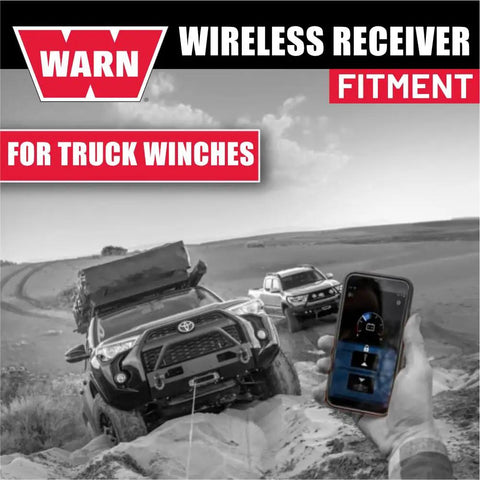 Hand holding smartphone controlling winch via Hub Wireless Receiver For Truck, SUV And Jeep Winches With Bluetooth Control.