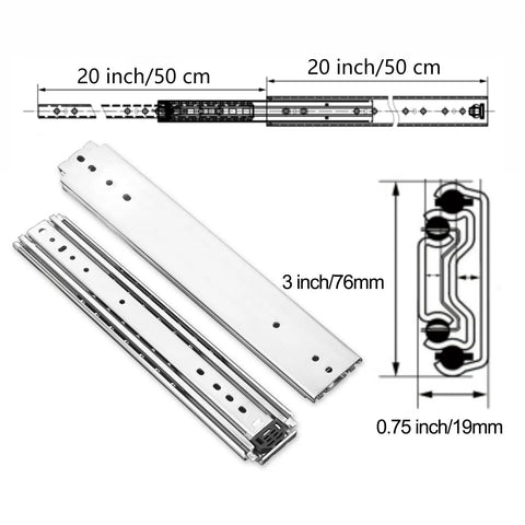 Built Like A Tank 20 Inch Full Extension Ball Bearing Drawer Slides with detailed dimensions and zinc finish.