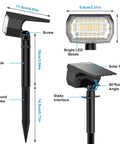 Outdoor Solar Spot Lights 10 Pack With 76 LEDs, IP65 Waterproof, showing dimensions, LED beads, and rotation angle.