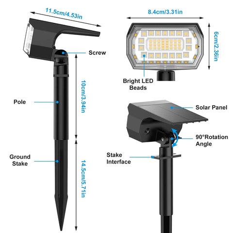 Outdoor Solar Spot Lights 10 Pack With 76 LEDs, IP65 Waterproof, showing dimensions, LED beads, and rotation angle.
