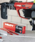 Powder Actuated Fastener Cartridge For Concrete And Steel,.27 Caliber, Short 6.8/11 Mm, Strips Of 10, Yellow Medium Duty, Pack Of 100, Part 50352 shown with tool.