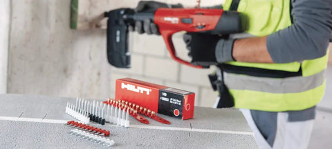 Powder Actuated Fastener Cartridge For Concrete And Steel,.27 Caliber, Short 6.8/11 Mm, Strips Of 10, Yellow Medium Duty, Pack Of 100, Part 50352 shown with tool.