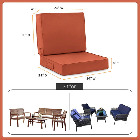 Deep Seat Patio Cushion Set 24x24 Waterproof Outdoor Chair Cushions With Fade Resistant Removable Covers Handy Handle And Adjustable Straps For All Weather Patio Yard Garden Furniture Comfort, shown with size dimensions and furniture fitting examples