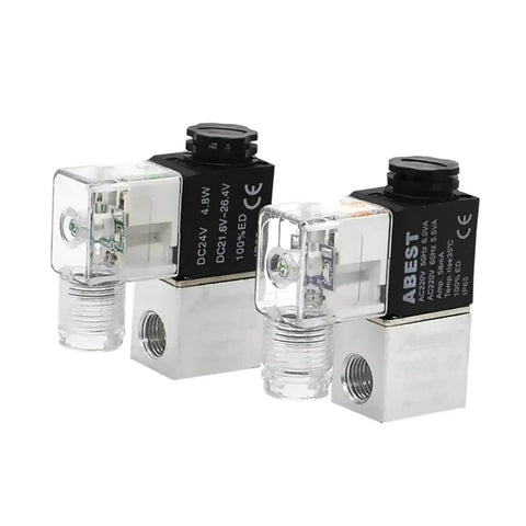 Heavy Duty 2 Port 2 Way Normally Closed Pneumatic Solenoid Valve With One Eighth Inch Ports, visible aluminum body, and coil options.