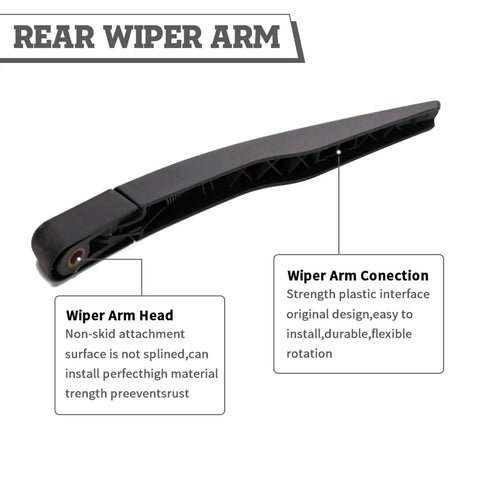 Complete Rear Wiper Arm And Blade Kit Swap For Ford Escape 2013 To 2023 And Explorer 2011 To 2023 with sturdy black plastic construction.