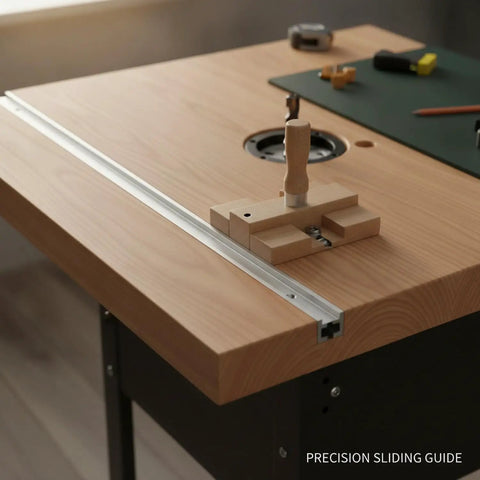 Pro Grade T Slot Aluminum Track With Precision Sliding Guide for table saw and router jigs on wooden workbench