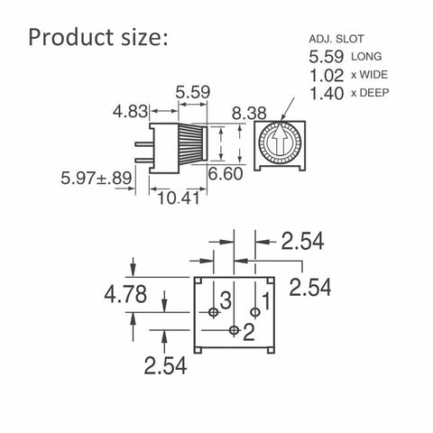 Technical diagram of Trim Potentiometer Kit With Blue Knobs 20 Pieces 1K 10K 50K 100K Ohm Breadboard Friendly Rotary Potentiometers