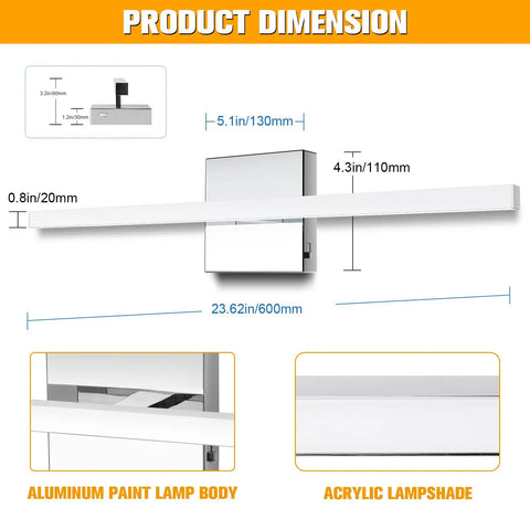Diagram showing measurements of Chrome 23.6 Inch LED Vanity Light Over Mirror, 14W Dimmable Fixture With 5 CCT Settings.
