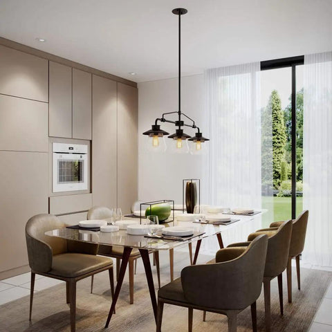 Dining area with Three Light Pendant In Oil Rubbed Bronze With Clear Glass Shades, Classic Vintage Industrial Vibe For Any Ceiling