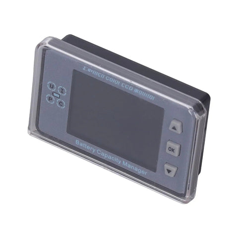 Wireless Battery Monitor With Smart Hall Sensor Tech And Dead Simple Install Featuring A Snappy 2.4 Inch Color LCD Screen For Rock Solid Power Tracking Up to 500 Volts, shown from an angle.