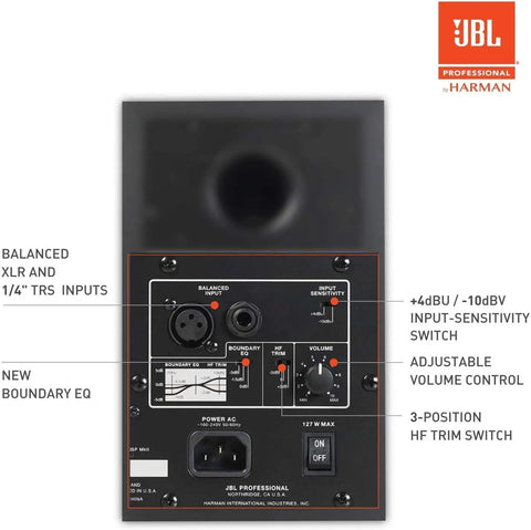 Rear view of Two 305P MkII 5 Inch 2-Way Active Studio Monitors with Image Control Waveguide showing input controls and ports