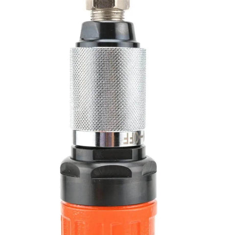 Heavy Workhorse 4 Inch Pneumatic Angle Grinder Pumping Out Serious High Torque Air Power Tool showing detailed handle and connection.