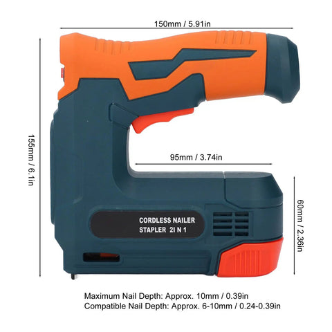 Shop Grade Cordless Brad Nailer Wireless Nail Gun With USB Charging showing dimensions and compact design for effortless use.