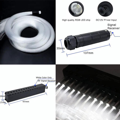 Components of 6W RGBW Fiber Optic Starlight Headliner Kit With 550pcs 0.03in End Glow Strands 13.1ft Total Length Meteor Shooting Star