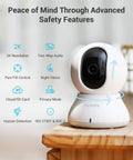 2K Indoor Security Camera System With 360 Degree Coverage, Smart Baby Monitor And Pet Camera For Home Surveillance on table.