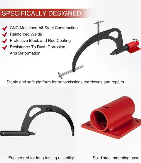 Universal Transmission Holding Fixture With Base For Rebuilding GM Transmissions 375 400 425 475 700-R4 4L60E 4L80E And Related Models Built Tough Transmission Holder Stand showing steel construction and mounting base