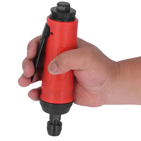 Heavy Hitter Pneumatic Air Die Grinder Turning 18000 RPM With A Slick Zinc Alloy Frame And Built In Muffler, held in hand.