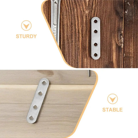 40Pcs Stainless Steel Flat Straight Braces Set With Precision Flat Design And Smooth Surface Finish on wood