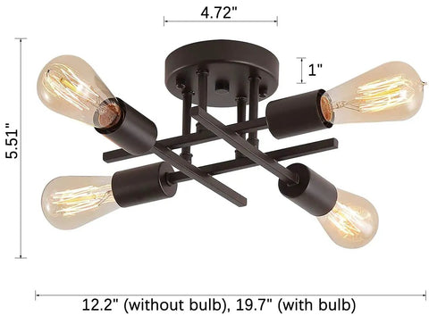 4-Light Black Semi Flush Mount Ceiling Light Fixture With Dope Industrial Farmhouse Metal Design, dimensions shown