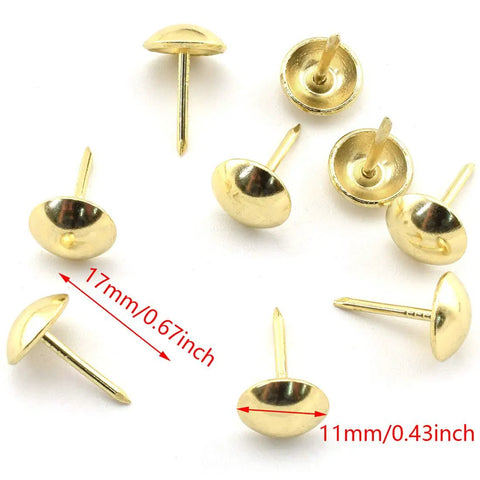 Top Shelf Gold Mushroom Upholstery Tacks For Furniture Nails And Diy Craft Projects Hella Smooth Polish With Rock Solid Iron Build Badass Accent Details 100 Piece Sweet Vibe Set - 11mm head, 17mm shank, shiny gold finish.