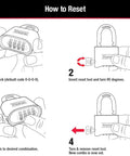 Gold Four Digit Combination Padlock Set For Indoor And Outdoor Security reset instructions with change tool usage steps.
