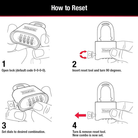 Gold Four Digit Combination Padlock Set For Indoor And Outdoor Security reset instructions with change tool usage steps.