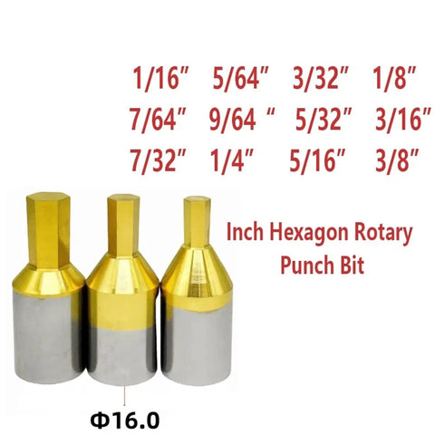 Beast Mode Rotary Broaching Tool Set CT16 HSS Tin Coated 16mm Shank Inner Hexagon For Steel sizes 1/16 to 3/8 inch display