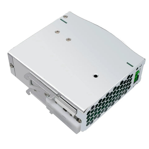 Front view of Beefy 24V DC Power Supply Dual Output 120W For DIN Rail Mount, 100-240VAC Input, 24VDC 5A Output, in white, blue enclosure not visible.