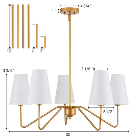 Modern Antique Brass Pendant Chandelier With Creamy White Fabric Shade Dimmable Five Light Fixture UL Listed