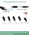 12V 1A DC Power Supply With On Off Switch AC 100 240V Input To DC 12V 6.2 Foot Cord 5.5 By 2.5mm Plug Plus Five Pro Tips For LED Strip Lights And Security Cameras, 5 tip polarity converter