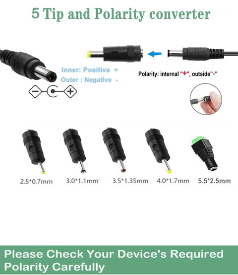 12V 1A DC Power Supply With On Off Switch AC 100 240V Input To DC 12V 6.2 Foot Cord 5.5 By 2.5mm Plug Plus Five Pro Tips For LED Strip Lights And Security Cameras, 5 tip polarity converter
