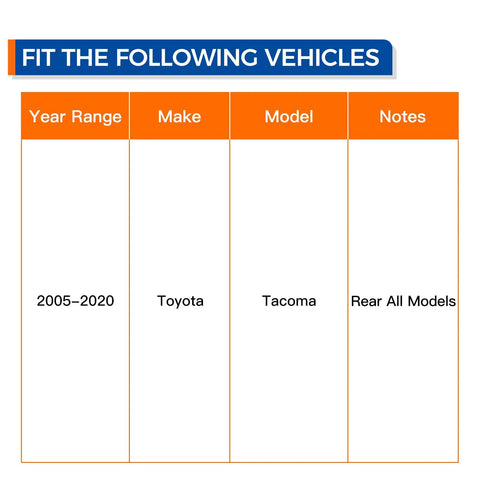 Compatibility chart for Rear Wheel Bearing Hub Assembly Pair For Toyota Tacoma 2005 Through 2020 Direct Fit Replacement.
