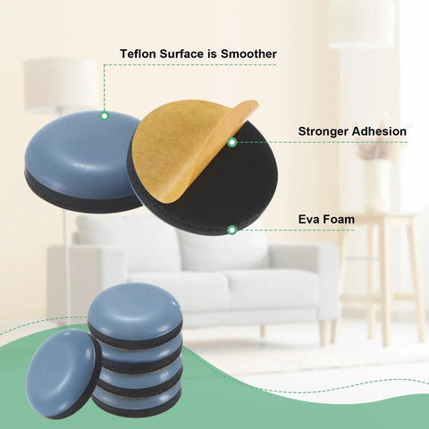 20-Pack Furniture Sliders With Self Adhesive PTFE Pad Mover Glides For Chair Kitchen Appliances And Round Floor Protectors In Grey, showing smooth Teflon surface and adhesive backing.