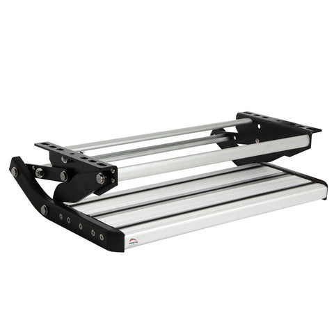 RV Camper Folding Drop Down Step For Easy Under Door Mounting 12 Mount Holes Single Drop Down Stair Durable Sturdy Aluminum Build For Travel Trailers And Motorhomes No Fuss Install Stable Outdoor Access, aluminum step folded down