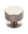 Top Shelf Slick Brushed Satin Nickel Cabinet Knobs With A Hardcore Knurled Shape And Seriously Heavy Duty Build Designed To Drop Fresh Style On Kitchen Drawers And Closets In A Killer Ten Pack Hardware Upgrade Set. Close-up of knurled brushed nickel knob.