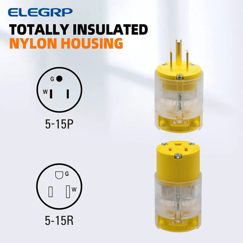 Lighted Straight Blade Electrical Plug And Connector Set 15 Amp 125 Volt NEMA 5 15P NEMA 5 15R 2 Pole 3 Wire Grounding Commercial Grade Yellow Replacement End For Heavy Duty Use