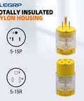 Lighted Straight Blade Electrical Plug And Connector Set 15 Amp 125 Volt NEMA 5 15P And 5 15R 2 Pole 3 Wire Grounding Yellow