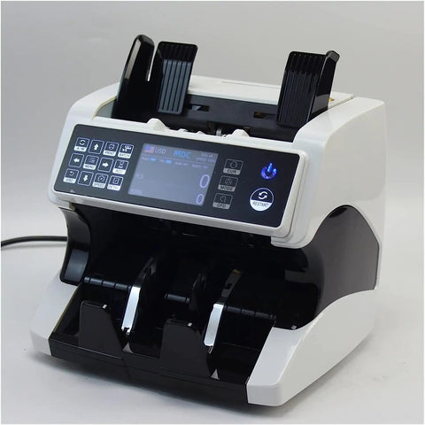 Super Fast Automatic Money Counter With Touchscreen Panel And Multi Currency Mix Value Tally Machine Using Smart Sensors To Sort Stacks, visible front view