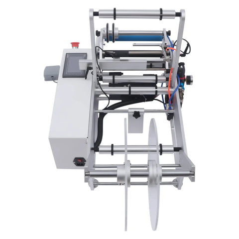 Top Tier Semi Automatic Round Bottle Labeler With Quick Adjustments For 20 To 120Mm Sizes, showcasing control panel and durable iron build.