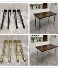 Heavy Duty 28 Inch Gold Hairpin Table Legs With Adjustable Leveling Bolts For Modern Dining And Coffee Tables displayed with black legs and a wooden table.