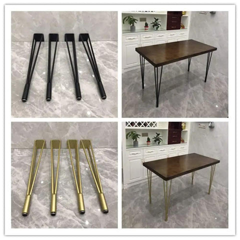 Heavy Duty 28 Inch Gold Hairpin Table Legs With Adjustable Leveling Bolts For Modern Dining And Coffee Tables displayed with black legs and a wooden table.