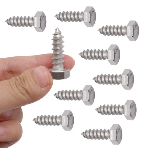 Hand holding one of Heavy Duty Five Sixteenth Inch By One Inch Hex Lag Screws 304 Stainless Steel Wood Bolts External Hex Drive Pack Of Twenty