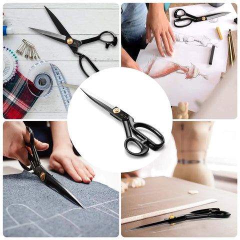Heavy Duty Fabric Scissors 10 Inch Multi Purpose Sewing Shears for Fabric Leather Denim Canvas Cardboard and More with Sharp Stainless Steel Blades and Ergonomic Grips for Tailors and DIY Makers, shown in sewing use
