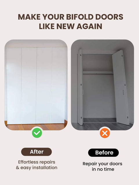Comparison of bi-fold closet doors before and after using Bi-Fold Door Hardware Repair Kit 4 Pack For 7/8 To 1 Inch Track.