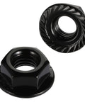 Heavy Duty 5/16 Inch Hex Serrated Flange Lock Nuts With Black Oxide Coating Built Tough As Nails Using Grade 304 Stainless Steel 18 8 For Zero Hassle Installation And Bulletproof Grip In A 25 Piece Pack, showing serrated edges and hex shape.