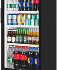 Heavy Hitter Full Size Upright Beverage Refrigerator With Tempered Glass Door, Silent Cooling Commercial Unit, filled with assorted beverages.