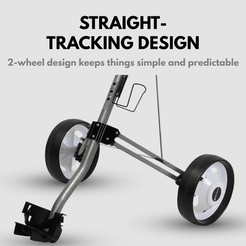 Ultra Lightweight Two Wheel Golf Push Cart Featuring A Smooth Glide Frame And Quick Compact Fold Setup For Zero Sweat Walking Every Single Hole On The Course, showing a two-wheel design for straight tracking.