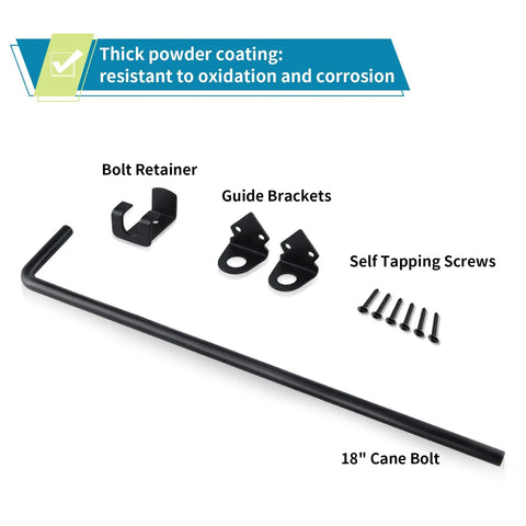 Heavy Duty Cane Bolt And 18 Inch Drop Rod Kit Built Like A Tank With Black Powder Coating For Outdoor Wood Fence Gates components.